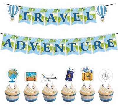 Produktbild von Inovra – Feierdekoration "Gute Reise" – Weltkarten-Girlanden – Reise-Motive für Cupcakes – Foto-Requisiten – Abschiedsdekoration – Karton, 1 Stück – Partydekoration
