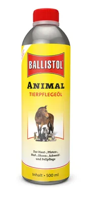 A bottle of Ballistol Animal Tierpflegeöl on a white background.