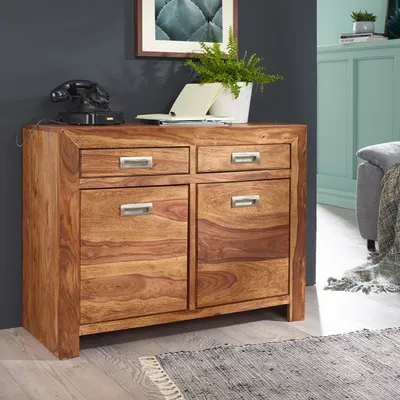 Image de Buffet en bois massif FineBuy 90cm Sheesham commode avec 2 portes & 2 tiroirs