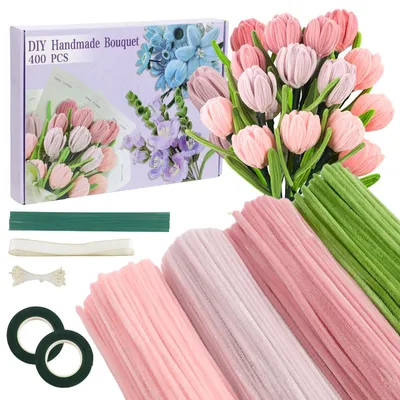 Tulpenstrauß-Bastelset, 400 Chenilledrähte, 4 Farben, DIY
