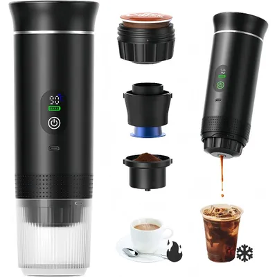 Tragbare Kaffeemaschine mit Digitalanzeige,3-in-1 Elektrische Kaffeemaschine,mit Kapseln und gemahlenem Kaffee,zum Kaltbruehen und Aufwaermen(Schwarz)