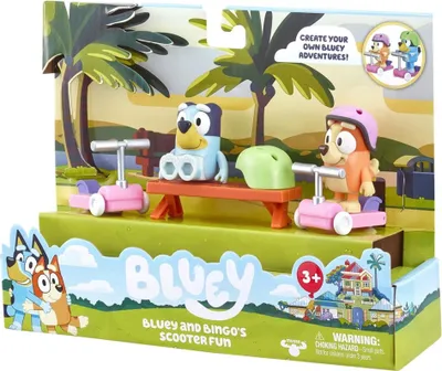 Product packaging for a Bluey toy set featuring Bluey and Bingo on scooters.