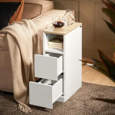 Immagine prodotto di Comodino - FBT149-WN - 2 cassetti + ripiano aperto - Stretto 20 cm di larghezza - 20x35x60 cm - MDF - Da montare - Bianco