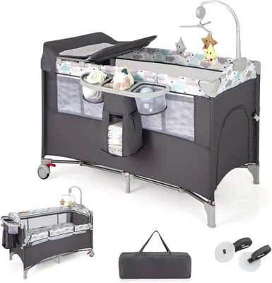 Image de Lit à barreaux avec lunette, arche de jeu et mobile, lit multifonctionnel et dépliable pour bébés de 0 à 36 mois