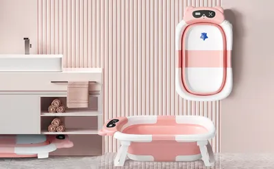 Produktbild von (Pink)Babybadewanne mit Temperatursensor – Tragbare Kleinkinderbadewanne, faltbar und platzsparend, ideal für Neugeborene und Kleinkinder