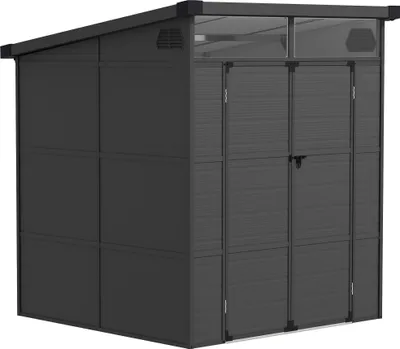A dark gray plastic shed with a sloped roof and double doors.