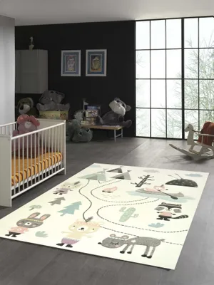 Obrázek produktu pro Koberec do dětského pokoje s motivem medvědů a indiánů, krémově šedý, rozměry – 120 x 170 cm