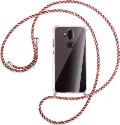 Produktbild von Handykette Backcover-Schutzhülle mit Band (Metall silberfarben) für Nokia 8.1 - weinrot/gelb/grau