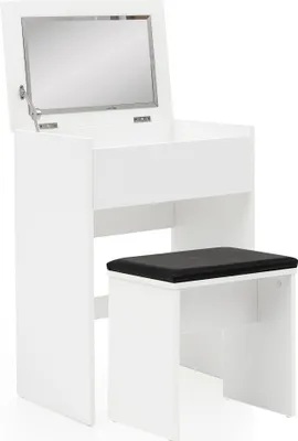 A white vanity table with a mirror and a black stool.
