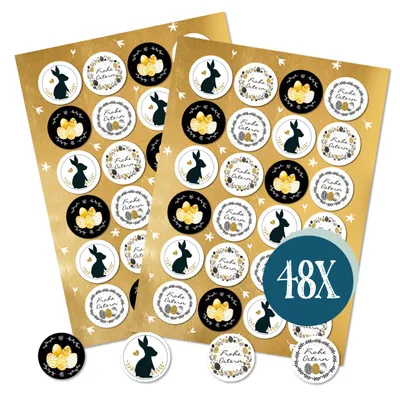 Ostersticker, 48 Stück, schwarz-weiß-gold, selbstklebend, rund, 4 cm