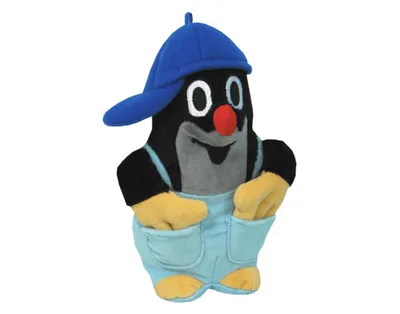 A plush toy mole wearing blue overalls and a blue cap.