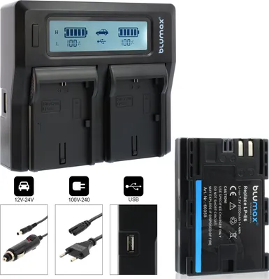 Produktbild von 1x Akku + Lader für Canon LP-E6 EOS R5 R6 5DS 90D 7D LP-E6N  2000 mAh (7,2V)