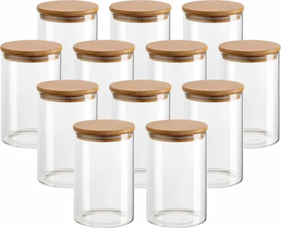 Produktbild von gouveo 12er Set Vorratsdose 500 ml rund aus Borosilikatglas mit Holz-Deckel - Glasbehälter mit Etiketten für Küche, Haushalt