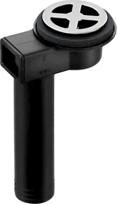 A black plastic overflow drain with a silver grate.