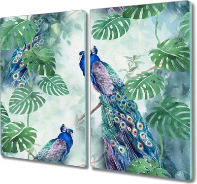 Produktbild von Coloray Schneidebrett Herdabdeckplatte 2x30x52 cm Kochplattenabdeckung Hackbrett Küchenbrett - Zweig Blätter Vogel Pfau