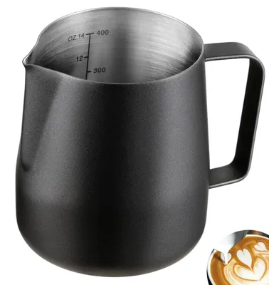Image de Pichet en acier inoxydable – Avec graduation – Pour faire mousser le lait pour les cappuccinos et les lattes – 400 ml – Noir