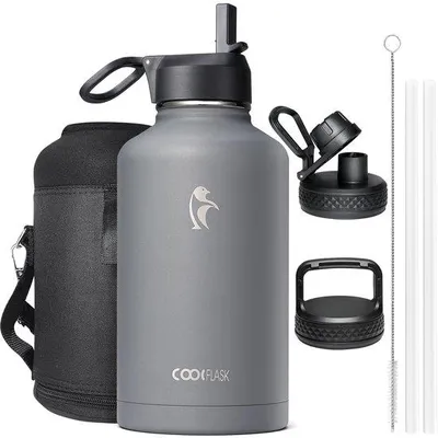 Image de Bouteille isotherme de 2 litres avec paille et 3 joints, bouteille isotherme en acier inoxydable pour le sport ou le bureau, double isolation sous vide, étanche, grise