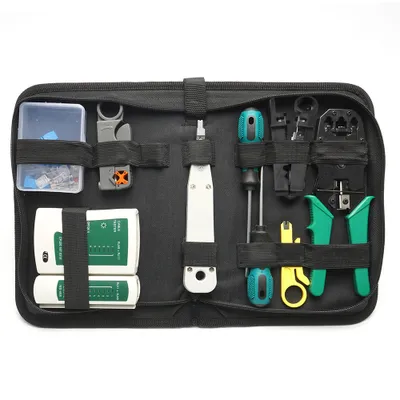 Immagine prodotto di set di strumenti di rete da 14 pezzi con pinze per crimpare e tester per cavi - Set di riparazione LAN per RJ45/RJ11 - Borsa portatile per casa e ufficio