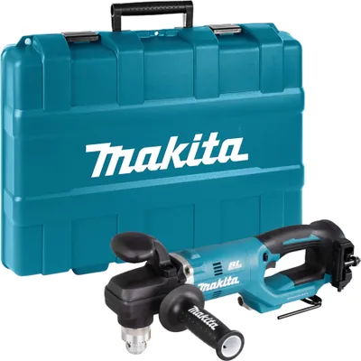A teal Makita branded storage case and a teal and black Makita cordless angle drill are displayed on a white background.