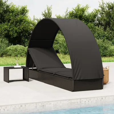 Produktbild von "2026 Promotion" Sonnenliege, Gartenliege, Wellnessliege, mit Runddach Schwarz 211x57x140 cm Poly Rattan - Liegestuhl CC10351