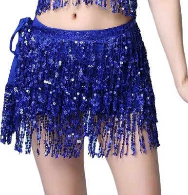 Produktbild von Frauen Bauchtanz Rock Kette Quaste Pailletten 3-lagige Schnürung Bohemian Clubwear Performance Mini Taille Wrap Latin Dance Praxis Kurzer Rock Hüfte Taille Schal-Königsblau