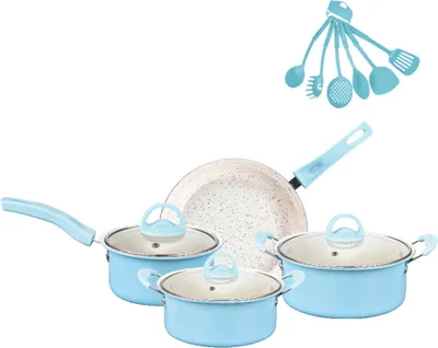 A set of light blue pots and pans with a speckled white interior, along with a set of light blue kitchen utensils hanging above.
