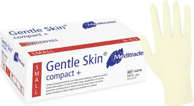 A box of Meditrade Gentle Skin compact+ examination gloves and a single glove.