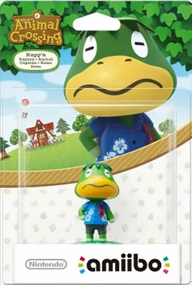 A packaged Amiibo figure of Kapp'n from Animal Crossing, with a background depicting a scene from the game.