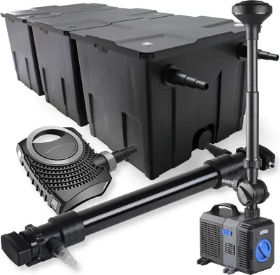 Zdjęcie produktu dla Kompletny zestaw SunSun: filtr do oczka wodnego CBF-350C o pojemności do 90000 l, pompa do oczka wodnego NEO10000 o wydajności 10000 l/h i mocy 80 W, odstojnik UVC CUV-672 o mocy 72 W, pompa fontannowa CTP-5003 o wydajności 5000 l/h i mocy 30 W