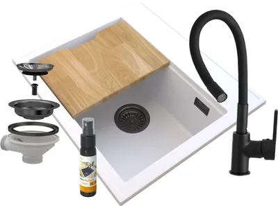 Produktbild von Granitan - Granitspüle - Küchenspüle - 56x50 cm - Weiß - mit Armatur FLEX und Schneidebrett - Spülbecken - FOXAL