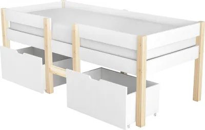 Produktbild von Flieks Kinderbett Massives Kiefernholzbett Hochbett mit Lattenrost, 2 Schubladen und Rausfallschutz 90*200cm, Naturbelassen