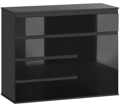 Image de Buffet moderne avec 5 tiroirs et un placard - Finition noir brillant | Couleur : Noir | Dimensions : 100 x 40 x 80 cm