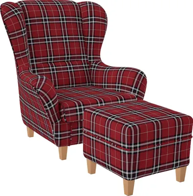 Produktbild von Supellex Sofia Ohrensessel mit Hocker | Design Oxford kariert Rot