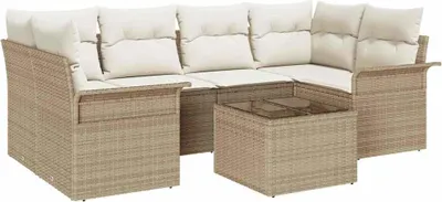 Imagen del producto de vidaXL Juego de sofás de jardín, 7 piezas, 6 plazas, color beige y crema, fabricado en ratán sintético