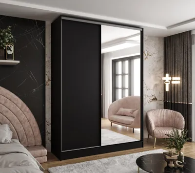 Produktbild von Moderner 2-türiger Kleiderschrank mit Schiebetüren in Schwarz 100x58x250 cm – mit Spiegel – für Schlafzimmer, Flur