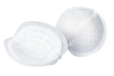 Two white disposable nursing pads are shown against a white background.