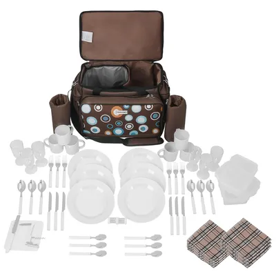 Produktbild von anndora Picknicktasche XL braun 57 Teile Zubehör 6 Pers. Isoliertasche 55x36x33cm - Kreise