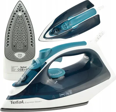 A product image showing a steam iron from multiple angles, including its soleplate and a close-up of the handle and water reservoir.