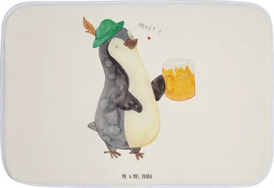 Produktbild von Mr. & Mrs. Panda Badematte Pinguin Bier - Weiß - Geschenk, , Badvorleger, duschmatte, Badläufer, Beschwippst, Badezimmerteppich, Pinguine, Badteppich