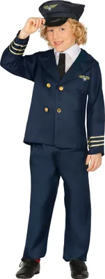 Produktbild von Lotse Abenteuer Pilotenkostüm Kinder Karneval Flieger Outfit Uniform Spielzeug Hut Hose Jacke Pilotenkleidung Kostümparty Flugzeug Kommandant, Größe: 98/104 Farbe: Blau