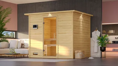 Produktbild von Karibu Sauna Innensauna Sonara Fronteinstieg Ofen 9 KW externe Strg easy 259x210x206 cm mit Dachkranz  mit Klarglastür