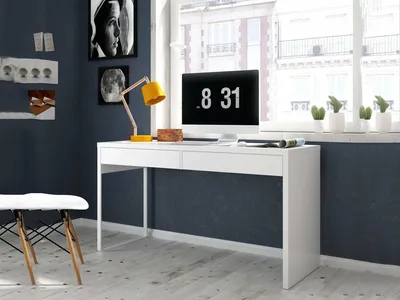 Produktbild von Schreibtisch Dfattor, Wendbarer Bürotisch, PC-Halter Studiertisch mit 2 Schubladen, 138x50h75 cm, Glänzend Weiß