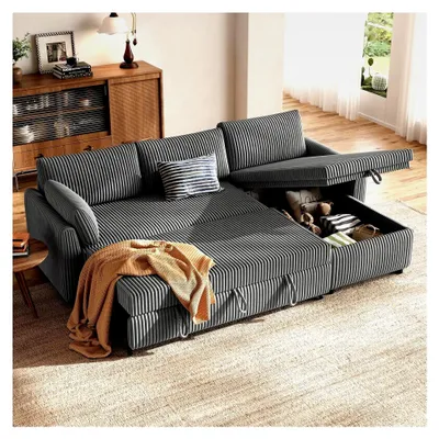 Produktbild von Ecksofa mit Schlaffunktion, Cord-Bezug, L-förmige Schlafcouch, Ausziehbares Sofa mit Stauraum, Umkehrbare Chaiselongue (links oder rechts), Grau