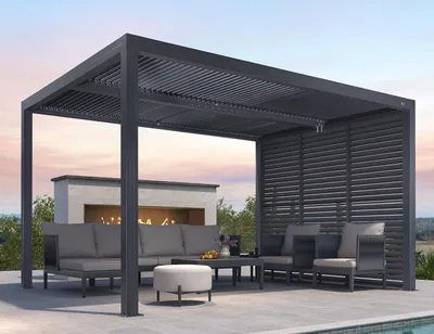 Produktbild von PURPLE LEAF Aluminium-Pergola 3,35 x 4 m, feste Lamellen-Seitenwände, wasserdicht, stabil, winterfest, verstellbares Lamellendach, 1 kurze Seite, Grau