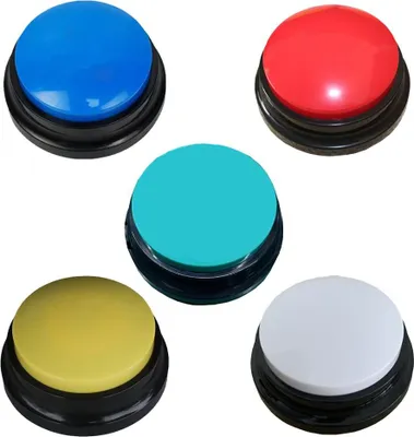 Five communication buttons for dogs, each a different color, arranged in a circular pattern on a white background.