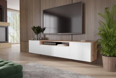 Produktbild von Moderner, hängender TV-Schrank RIO 200 cm mit geriffelten Fronten, Farbe: Artisan / Weiß