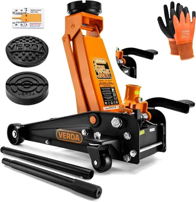 Produktbild von Verda Hydraulischer Wagenheber 3T,  130-490mm mit Fußpedal + 2x Gummi + Montagehandschuhe Rangierwagenheber Heber, SUV, Jeep Wohnmobil Profi SN3028
