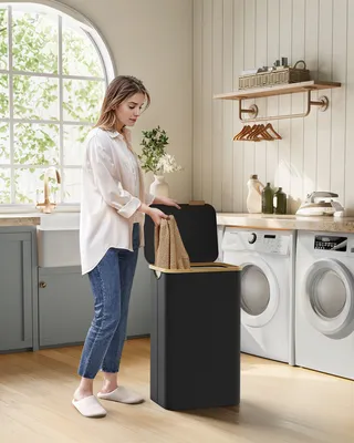 Produktbild von SONGMICS Wäschekorb mit Deckel, 90 L, herausnehmbarer Wäschesack, Griffe aus Bambus