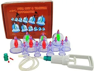 Produktbild von ABC12 Massage Schröpfen Set mit Schröpfgläser aus Kunststoff mit Magneten + Vakuumpumpe (12-Set)