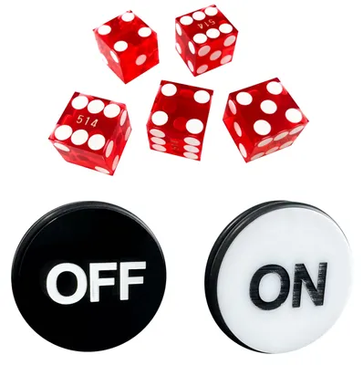 Obrázok produktu pre Sada kociek na hru Craps pre kasíno, 5 kusov, červená, s žetónom pre krupiéra